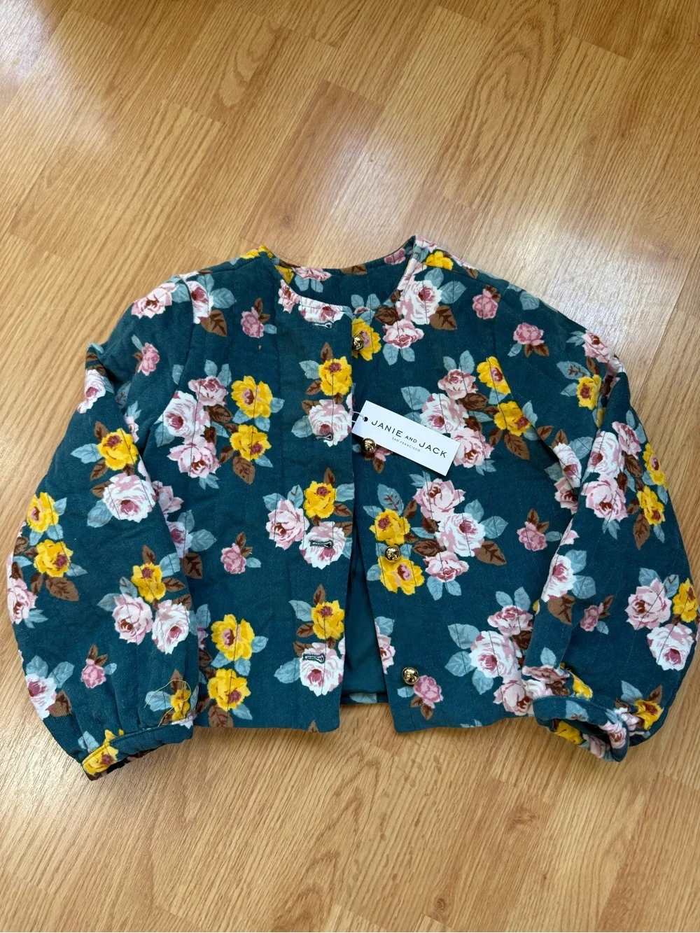 Janie and Jack Girls 5-6 NWT Floral Quilted Jacket Teal Puff Sleeve Cotton